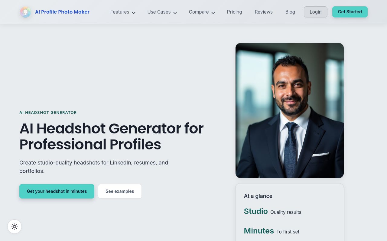 The AI headshot generator page: the heading 'AI Headshot Generator for Professional Profiles' beside a generated studio-style headshot of a man in a suit.