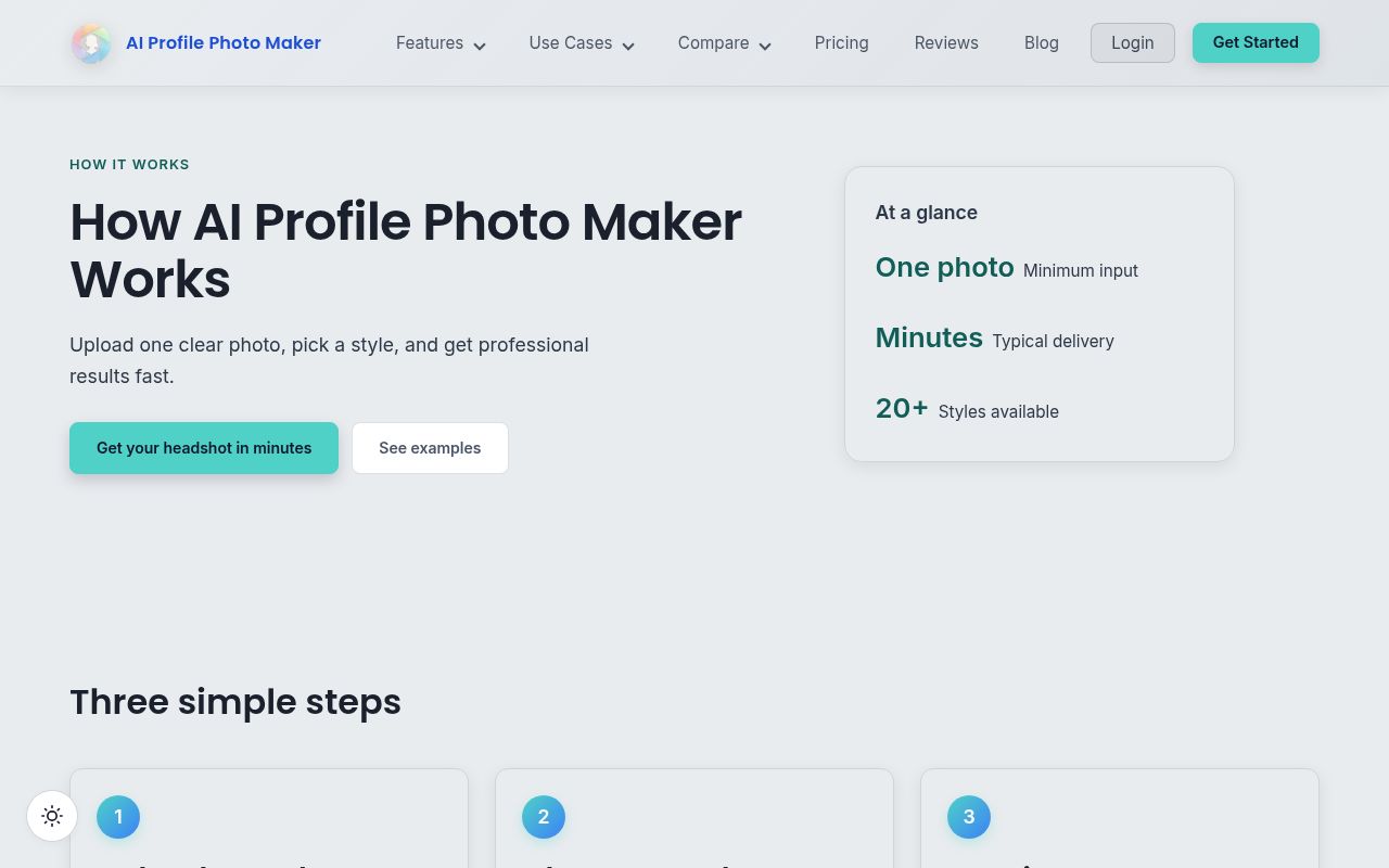 The how-it-works page: 'Upload one clear photo, pick a style, and get professional results fast', with a summary of one photo minimum, minutes to delivery and 20+ styles.