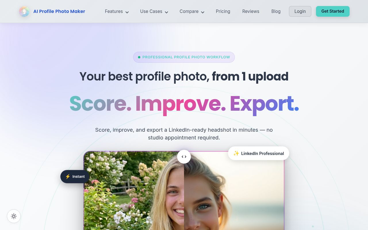 The landing page: the headline 'Your best profile photo, from 1 upload' over 'Score. Improve. Export.', with a before-and-after slider comparing a casual garden photo to a LinkedIn-style headshot.